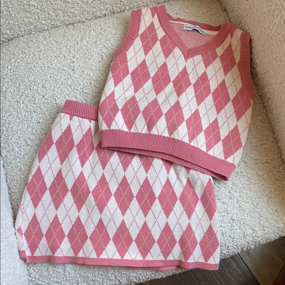Pink Argyle Knit Vest and Skirt Set